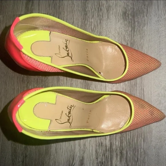 Christian Louboutin  Pink Follies Mesh Lace 100 Raphia Fluo . - size 5 - - Picture 3 of 6